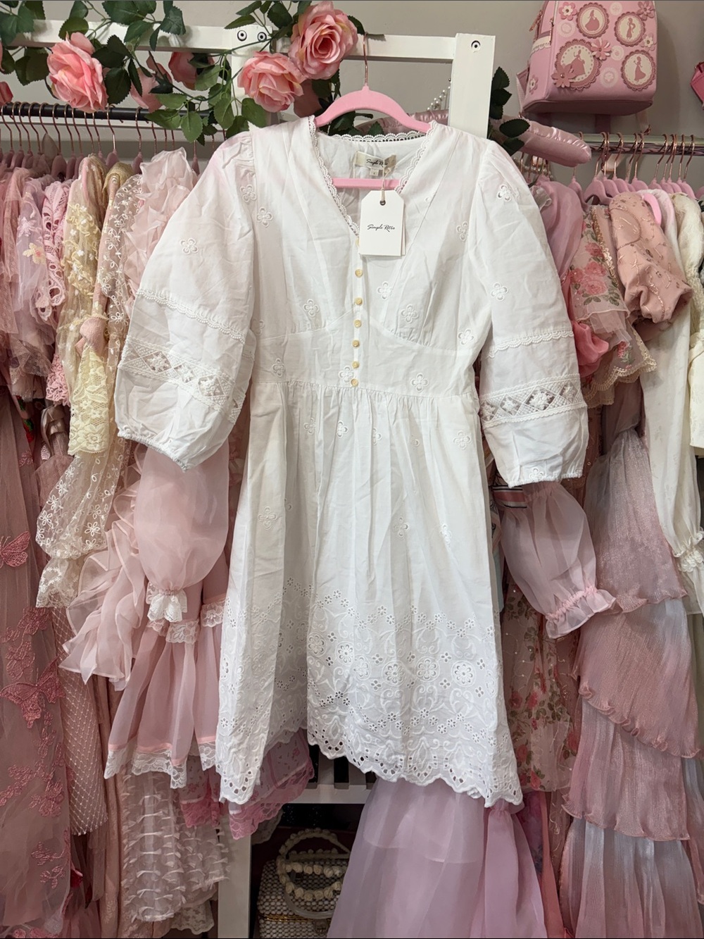 Women's White Eyelet Midi Dress with Puff Sleeves